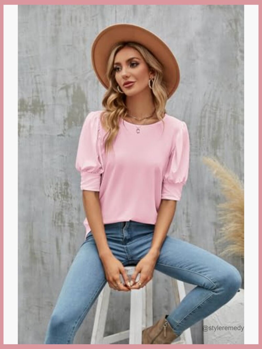 Women's Puff Sleeve Blouse Crewneck Loose Fit Casual Top - Picture 4 of 7